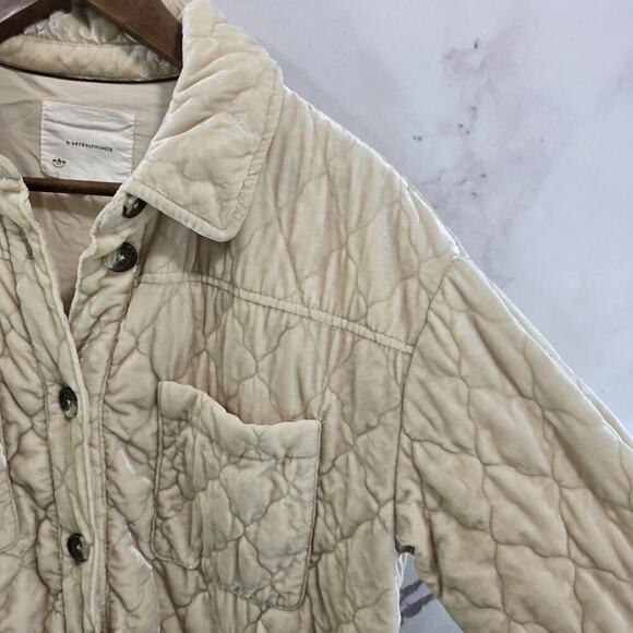Anthropologie Jacket Womens XS Cream Crushed Velvet Quilted Shacket Shirt Button - Picture 11 of 12